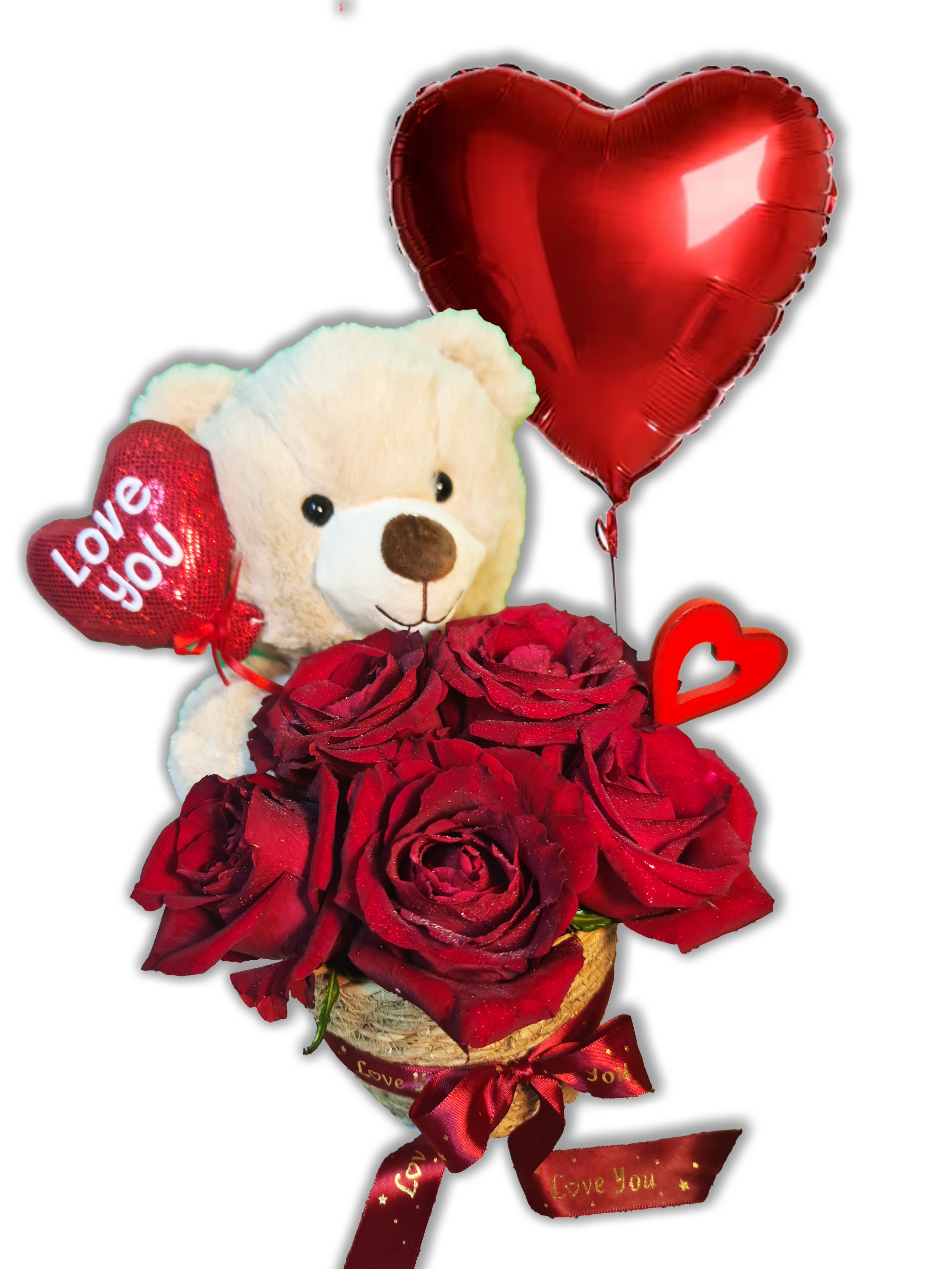 Teddy with a Basket of Roses Medium