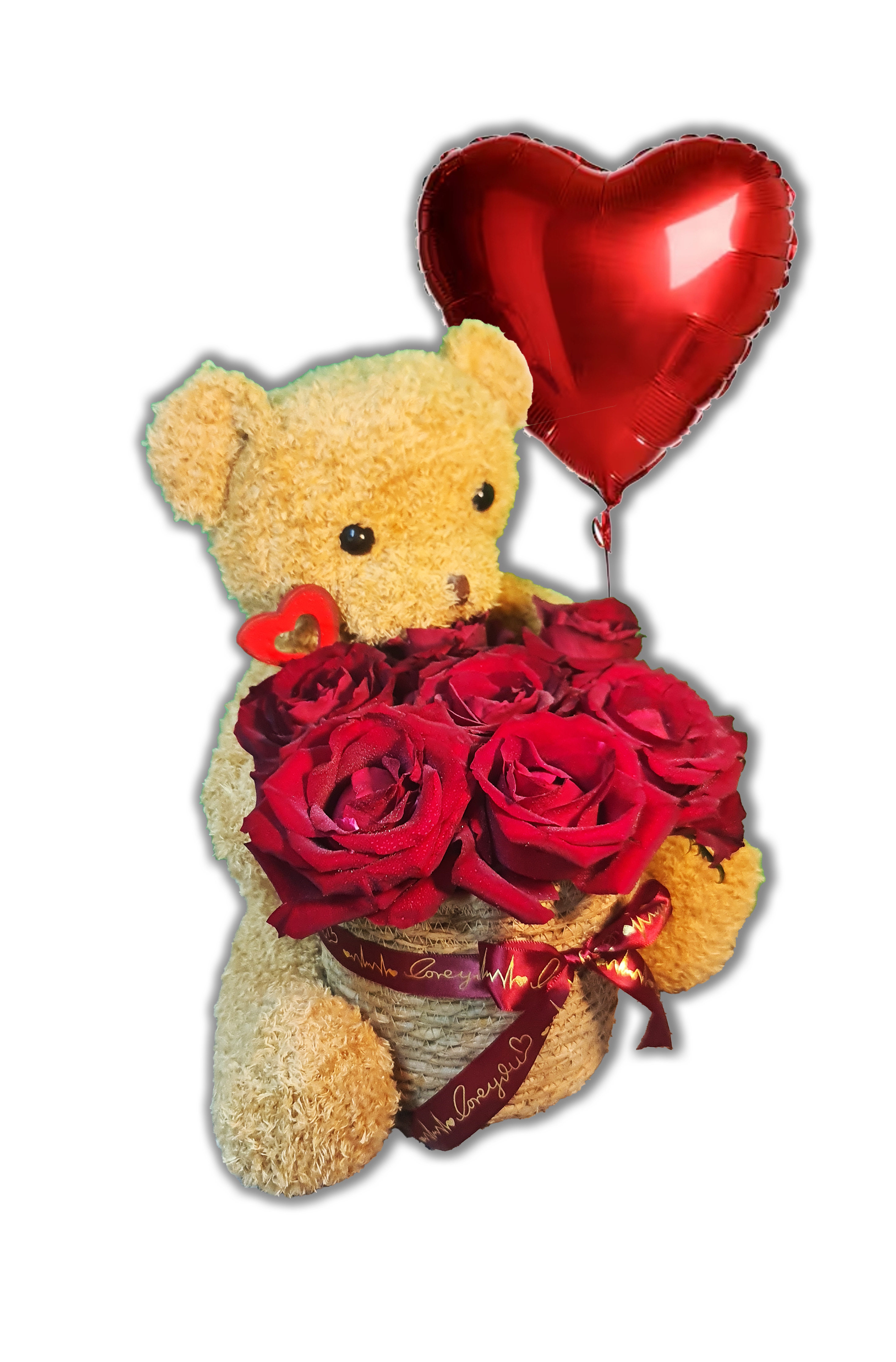 Teddy with a Basket of Roses Large