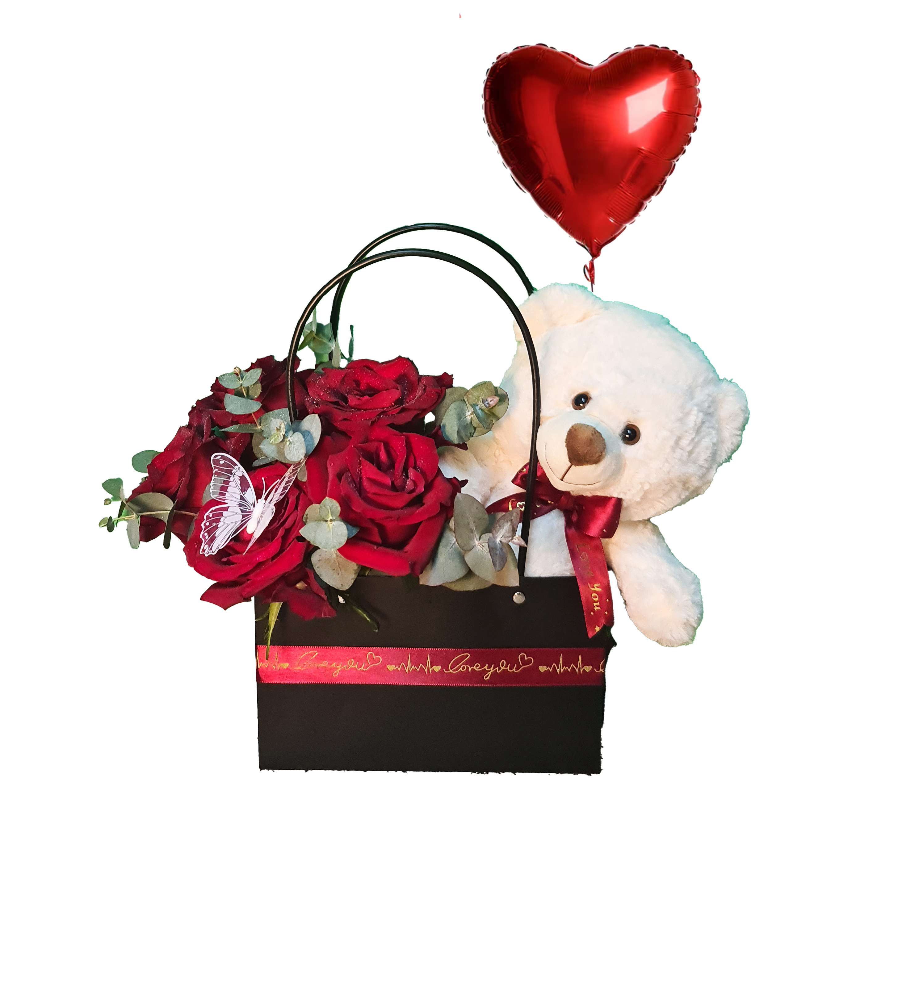 Black Gift Bag with Teddy &  Roses