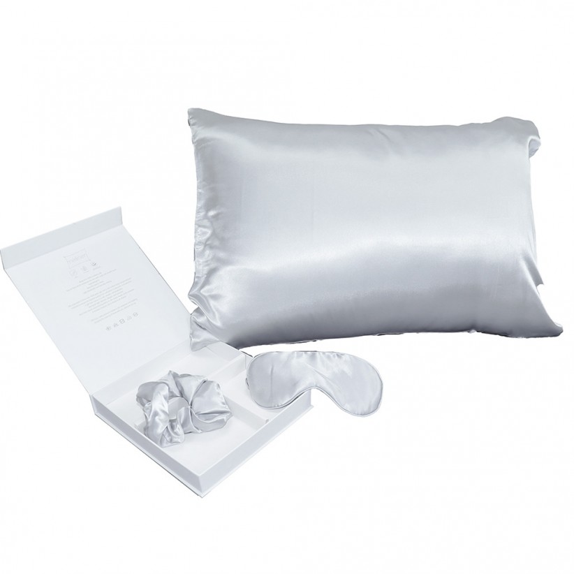 PURE SILK SET - PILLOW CASE / SCRUNCHIE / EYE MASK in Silver Color