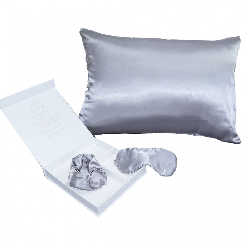 PURE SILK SET - PILLOW CASE / SCRUNCHIE / EYE MASK in Dark Grey Color