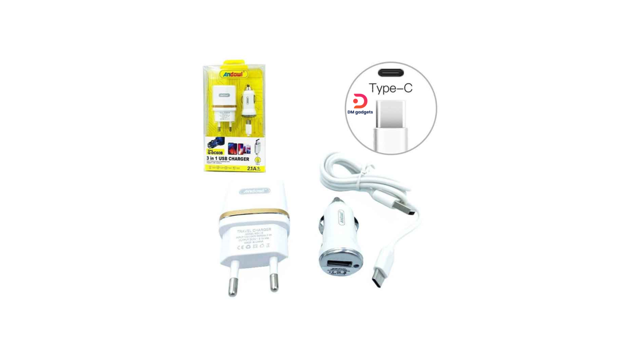 481A#Andowl®Q-DC60B 3 in 1 Car and Wall Charger Set with USB-A Port and USB-C Cable – White