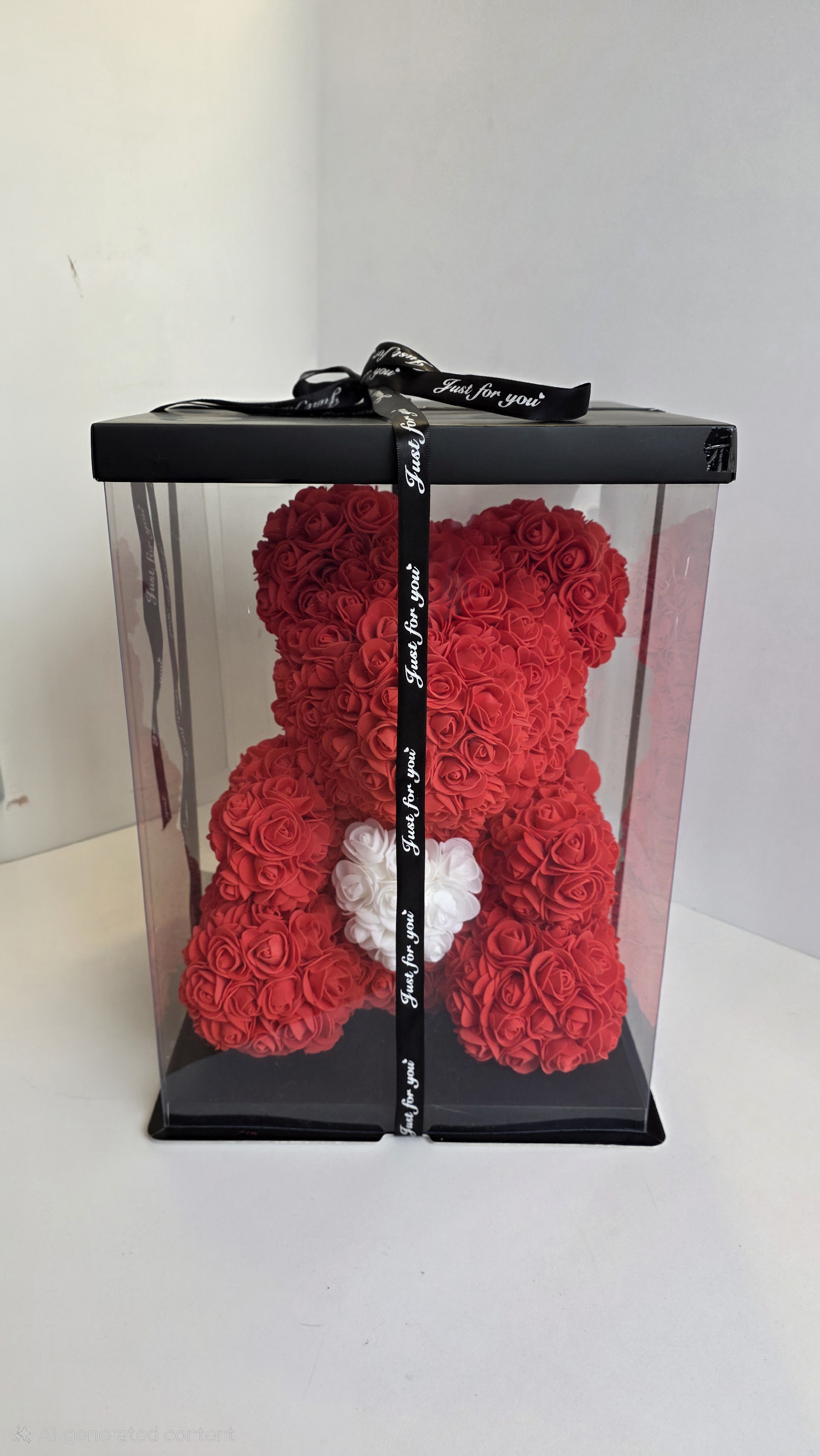 1 Rose bear 32cm with white heart in a box No.6044