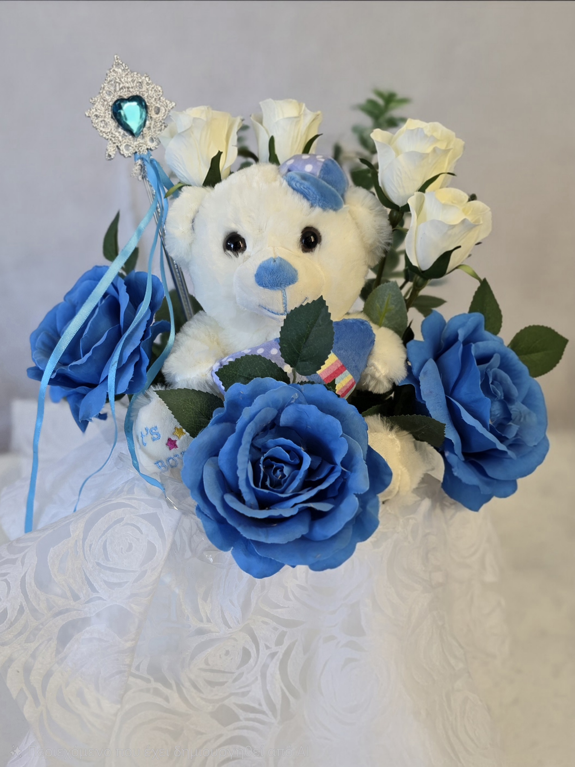 3 blue & 4 white First Quality roses,1 teddy bear ,seasonal greenery in basket