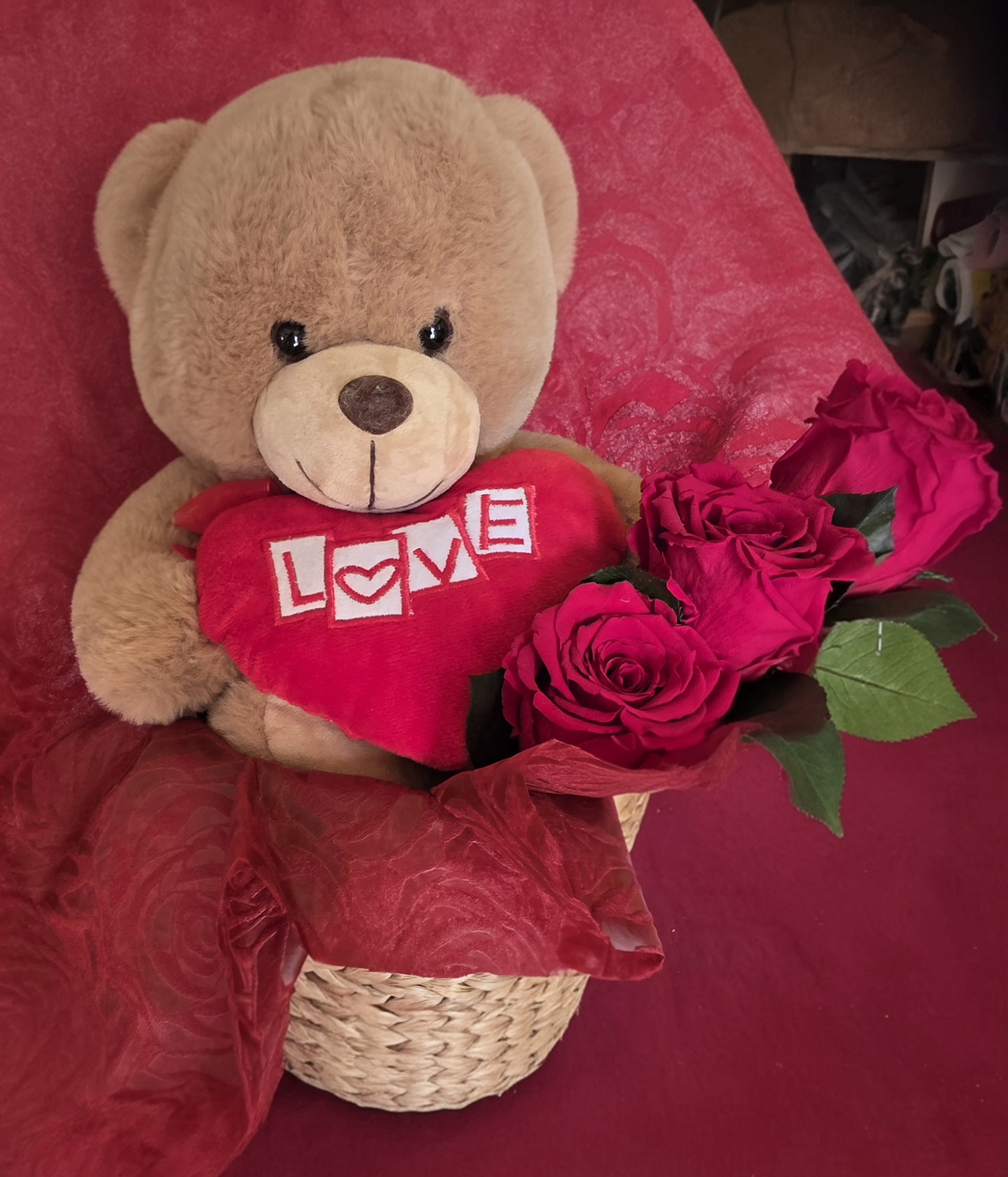 3 forever roses,1 big teddy bear in a basket