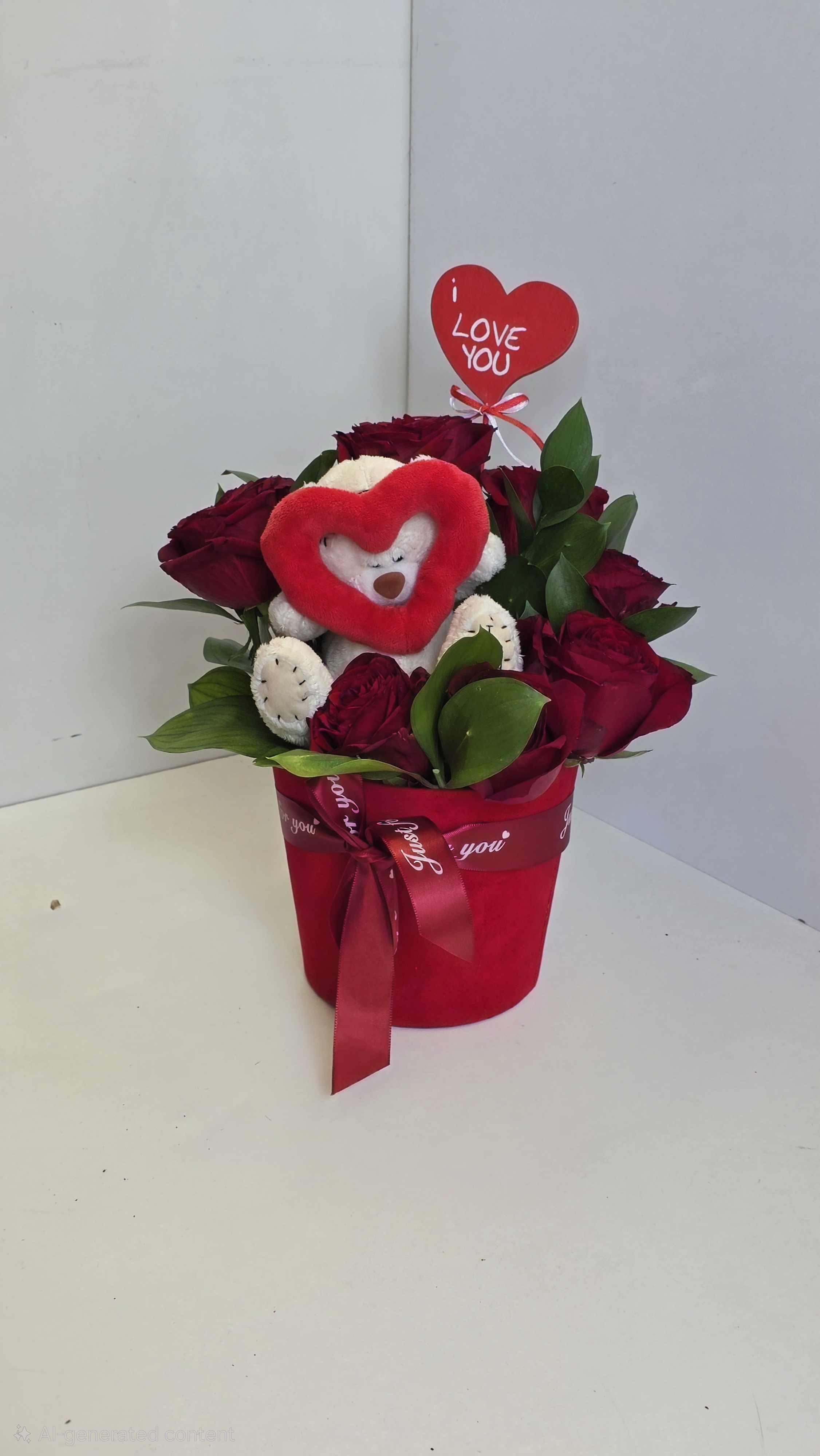7 First quality Red Roses, 1 Teddy bear,1 Stick with Seasonal Greenery in a Red Box No.6046