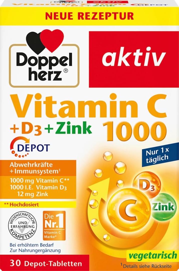 Doppelherz Vitamin C 1Gr + D3 + Zinc 30 Tablets