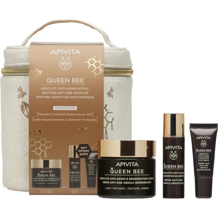 Apivita Queen Bee Light Cream 50Ml + Serum 10Ml + Eye Cream 5Ml + Pouch (Less 20%) Gift Set