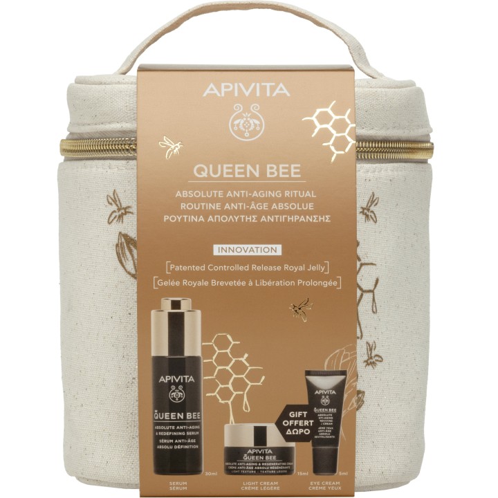 Apivita Queen Bee Redefining Serum + Queen Bee Regenerating Light‑Texture Cream + Queen Bee Reviving Eye Cream + Toiletry Bag Gift Set
