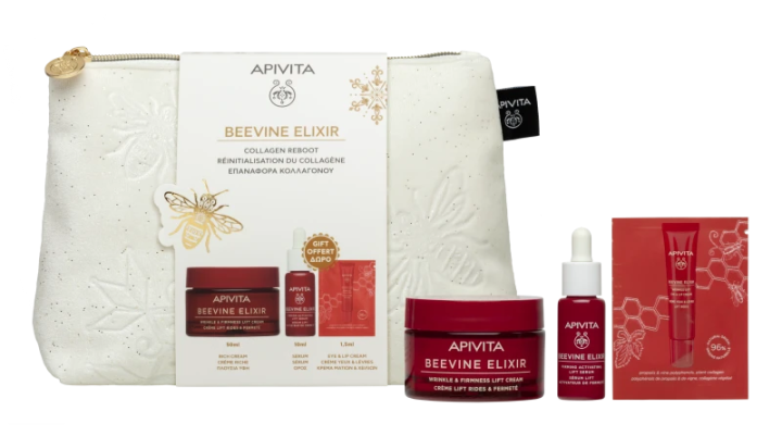Apivita Beevine Elixir Collagen Reboot Rich Cream 50Ml + Serum 10Ml + Eye & Lip Cream 1.5Ml + Pouch Gift Set
