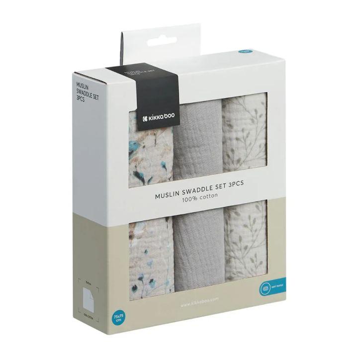 Kikka Boo Muslin Swaddle 75Cm X 75Cm Dreamy Fields Grey 3 Pieces Gift Set