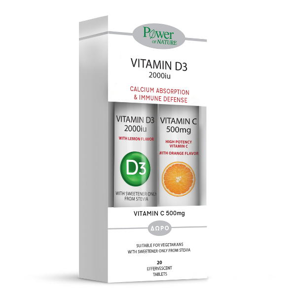 Power Of Nature Vitamin D3 2000Iu 20 Effervescent Tablets & Vitamin C 500Mg 20 Effervescent Tablets - Offer 1+1
