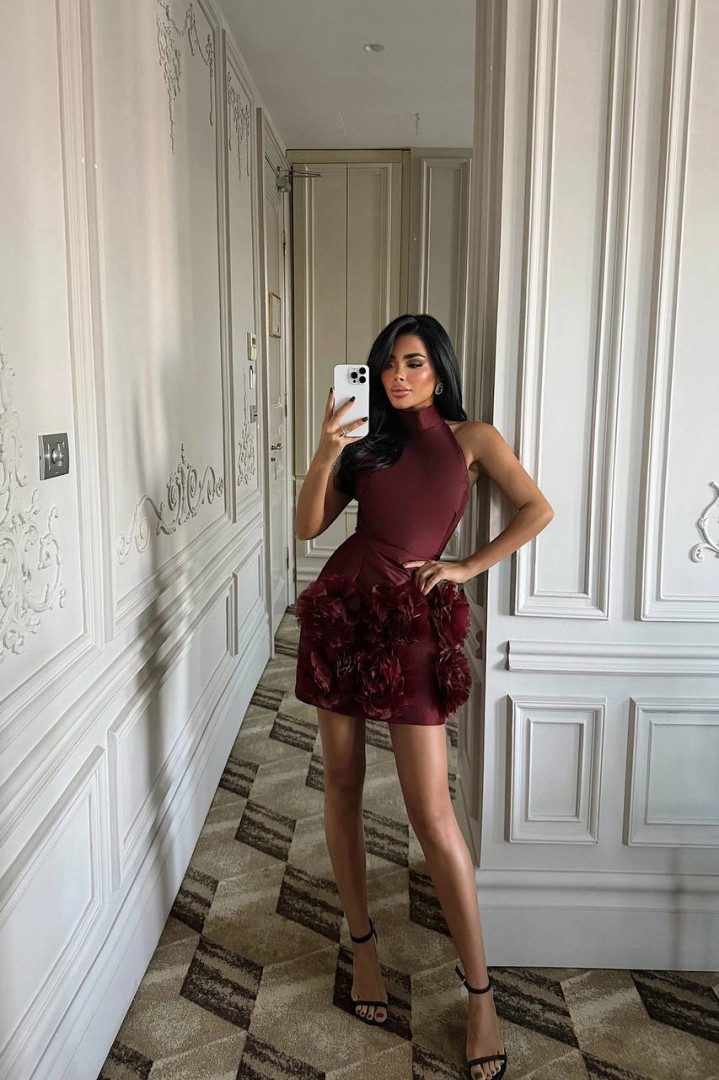 Elisia Roses Dress Burgundy Size: S