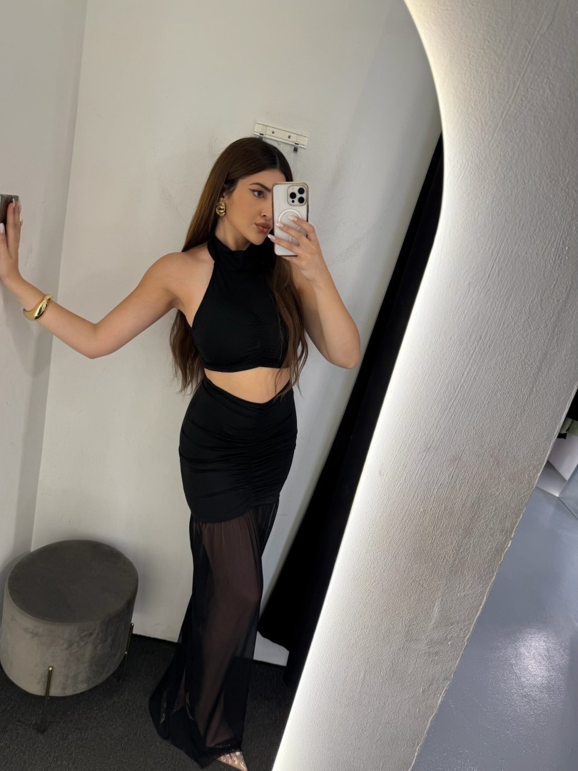 Yara Black halter-neck crop top with sheer-paneled maxi skirt Two Piece Set One size