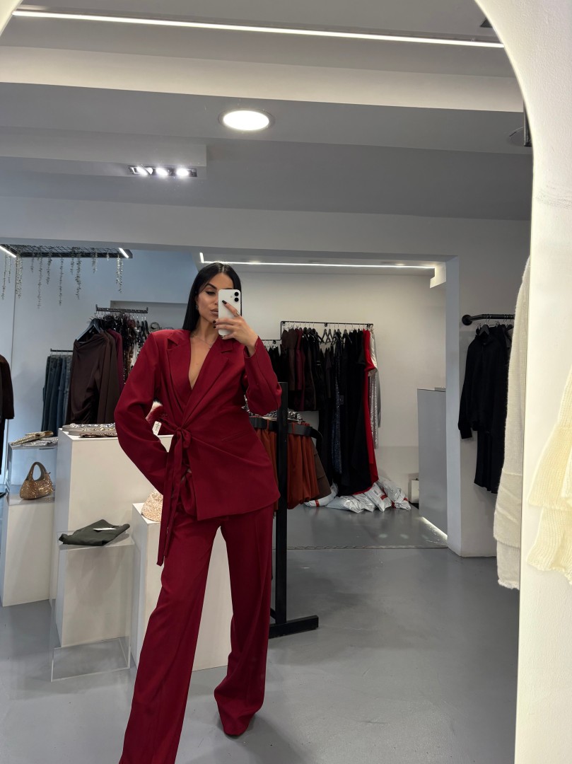 Belted Blazer Suit Color: Burgundy Size: One size