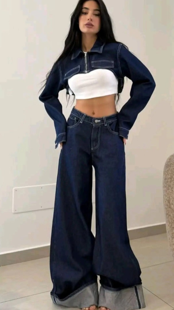 Dark Blue Jean Cropped JacketTwo Piece Set Size: M