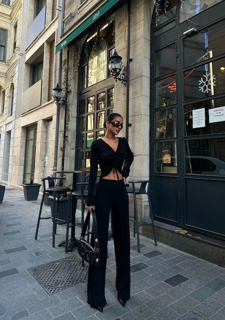 Alina Two Piece long-sleeve crop top with a front tie detail Set Color: Black