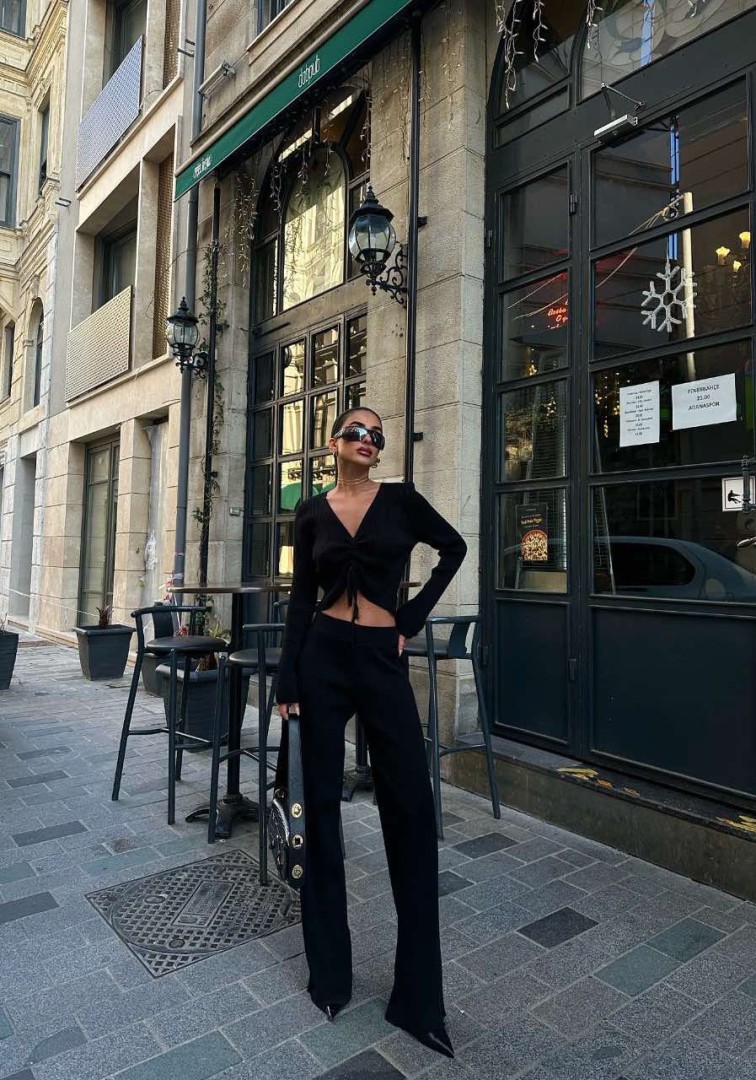 Alina Two Piece long-sleeve crop top with a front tie detail Set Color: Beige