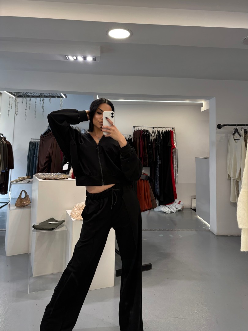 Casual Two Piece Black Velour Tracksuit Set One size