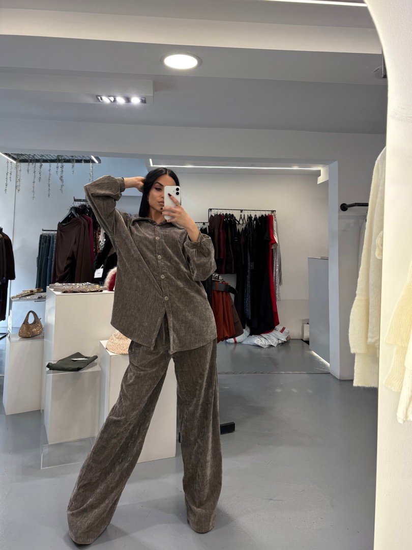 Velvet wide-leg trouser and shirt co-ord Two Piece Set Color: Beige