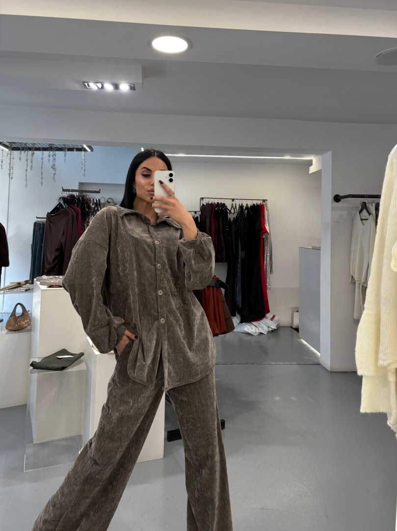 Velvet wide-leg trouser and shirt co-ord Two Piece Set Color: Brown