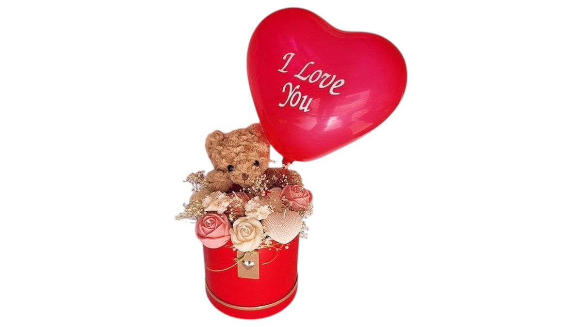 Valentine's Candles Box with Teddy Bear and Love balloon