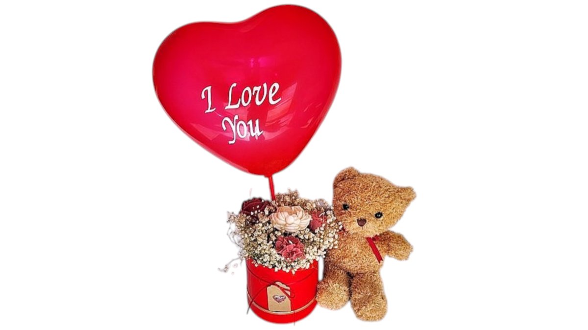 Valentine's Teddy Bear with flower candle box and Love Balloon