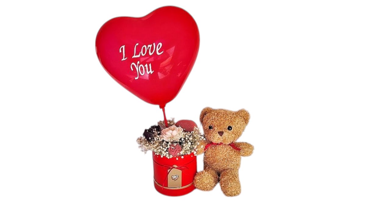 Valentine's Teddy Bear with flower candle box and Love Balloon