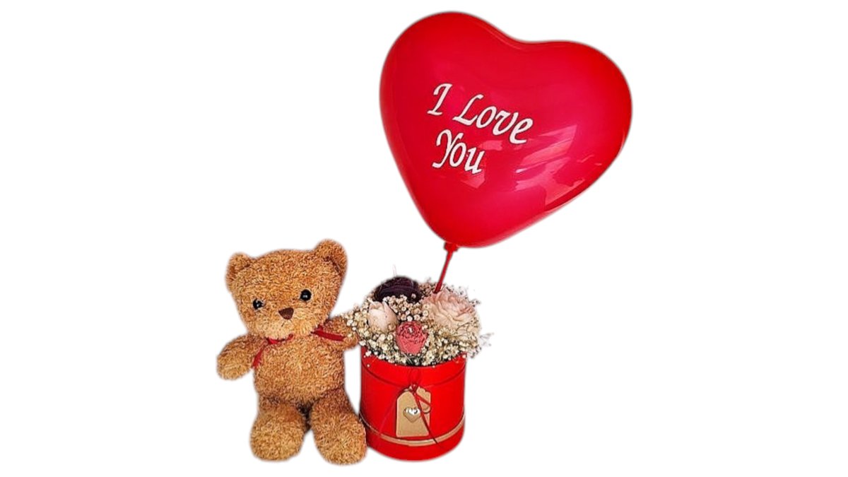 Valentine's Teddy Bear with flower candle box and Love Balloon