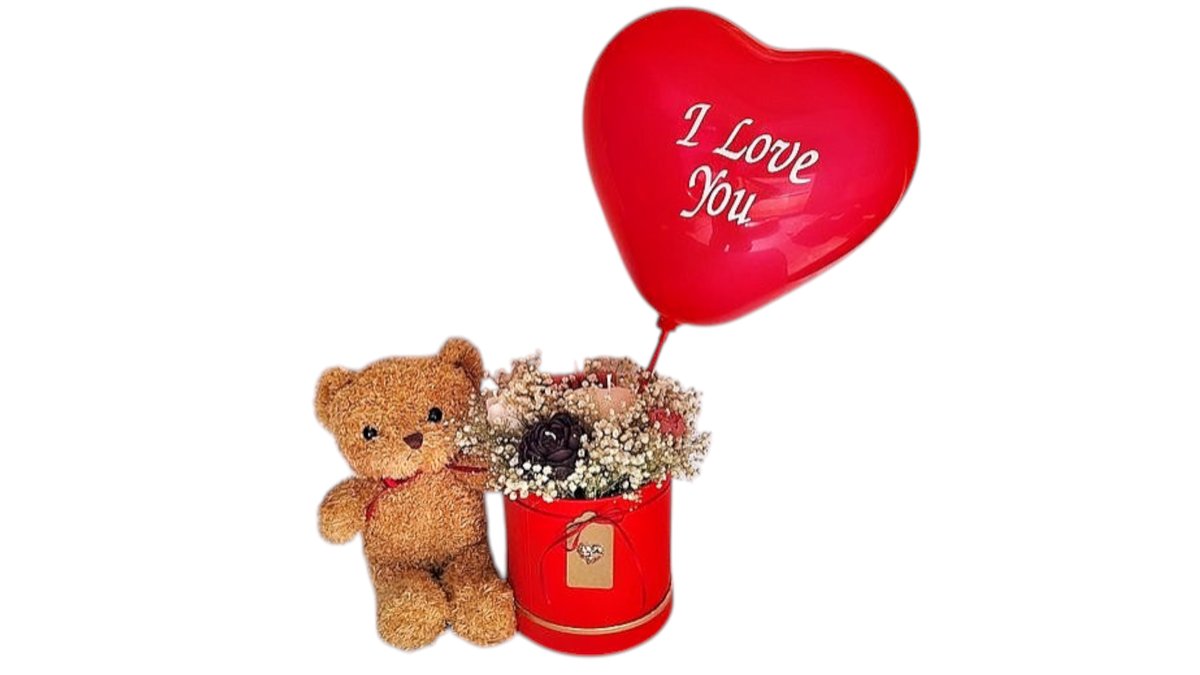 Valentine's Teddy Bear with flower candle box and Love Balloon