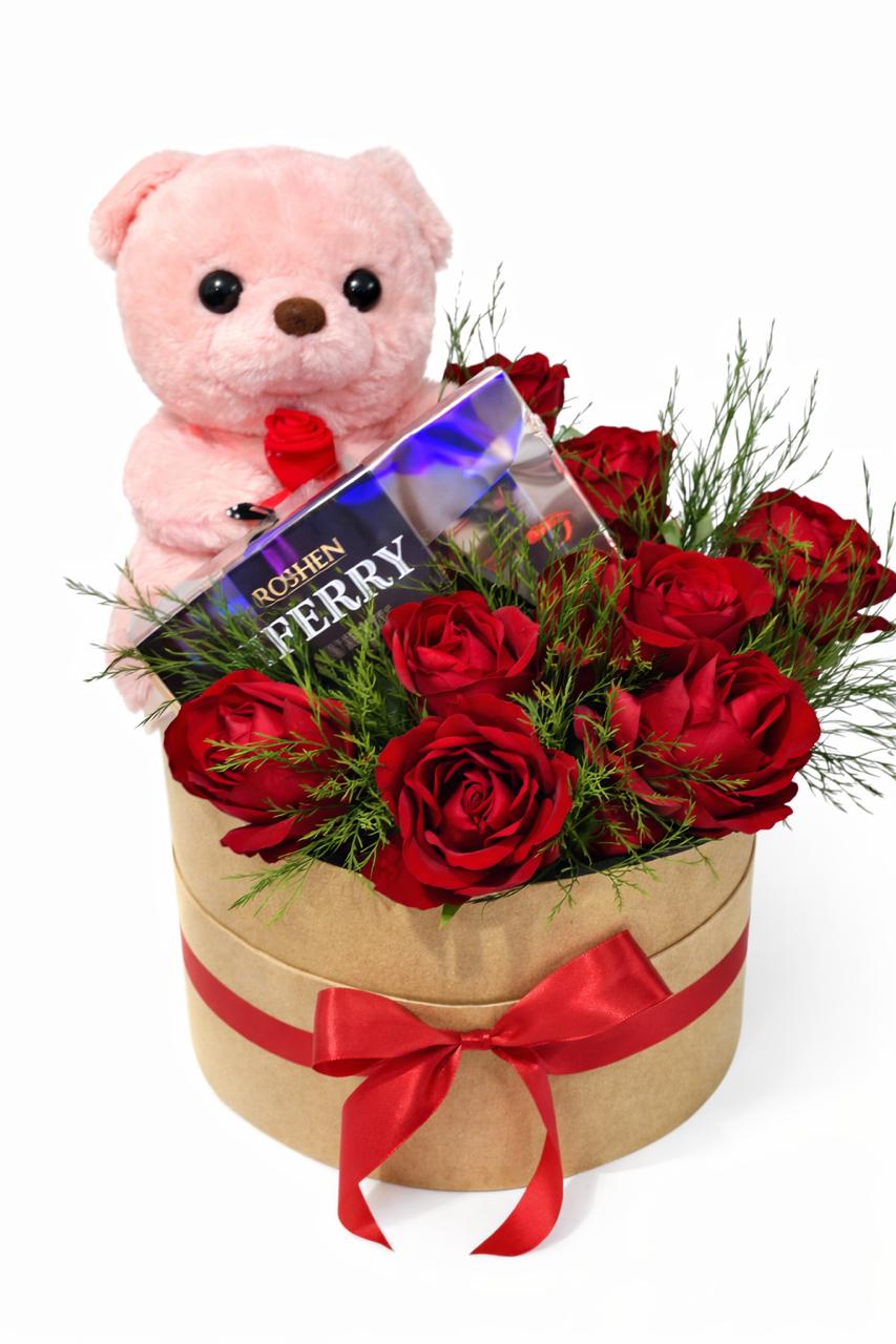 Love Box With Red Peonias, Bear & Chocolates - Bouquet - Valentine Sweets - Love Teddy