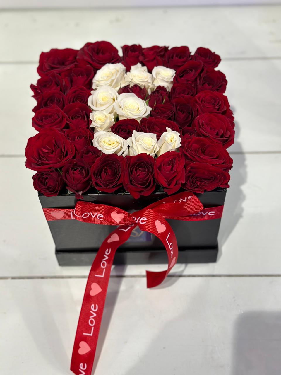 Love Box With Red Roses & Initial Letter With White Roses - Bouquet