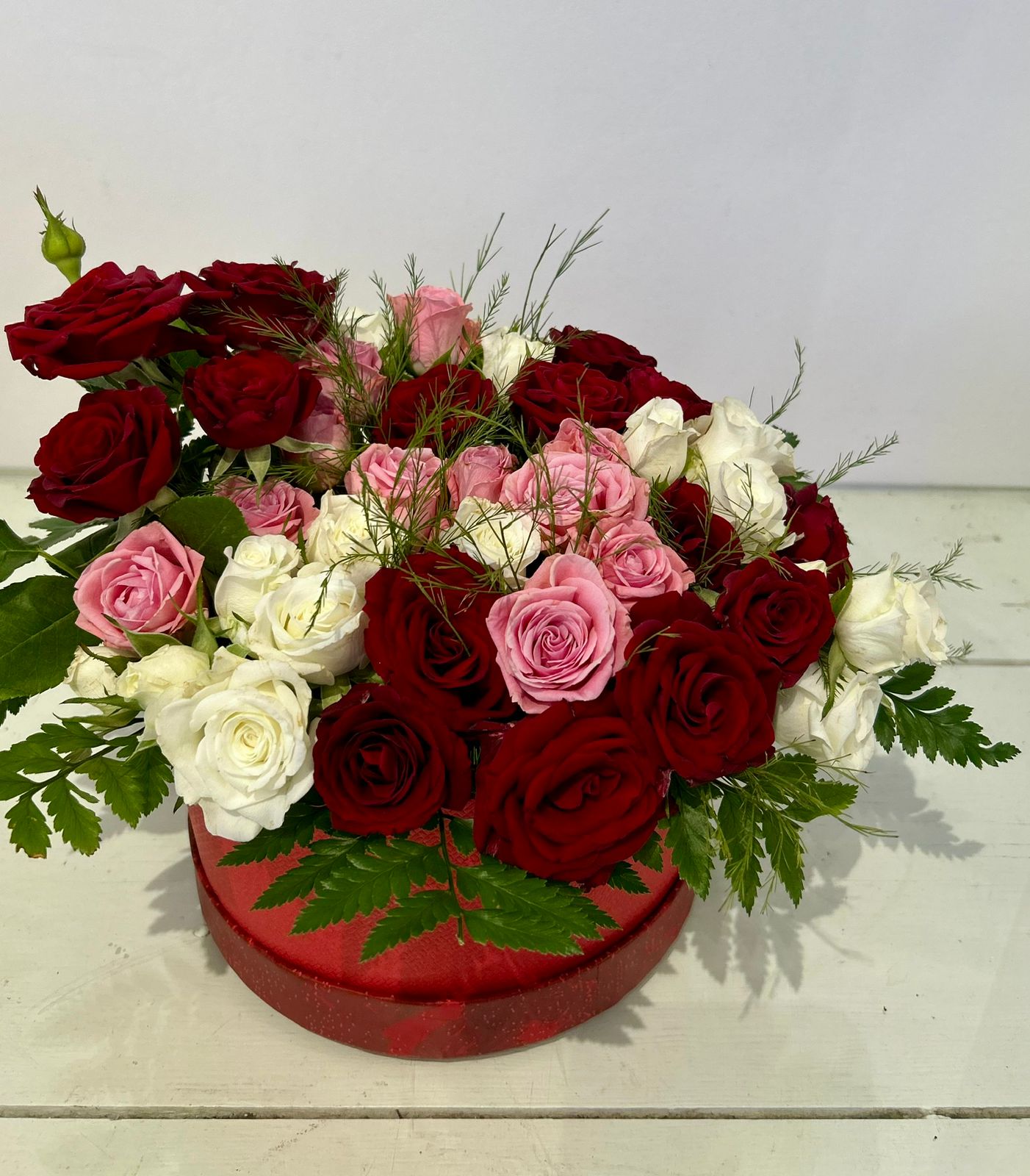 Love Box With Red, White & Pink Roses - Bouquet
