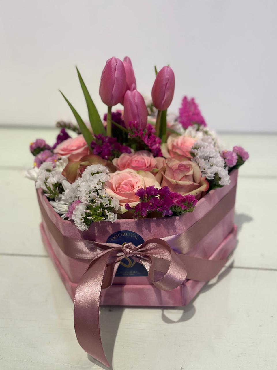 Love Box With Pink Flowers - Bouquet