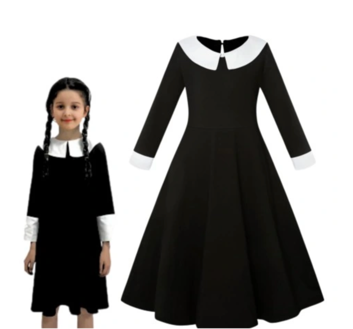 2Pcs Like Wednesday Addams Costume And Wig - Black Colour Size: 5-6 Years