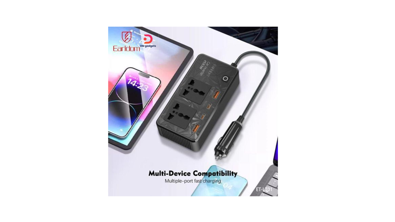 340BA#Earldom®ET-LT01 Car Power Inverter, 2 USB-A + 2 USB-C + 2 AC Outlet, 200 Watt, Black
