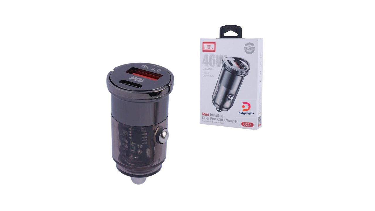 338A1#Earldom®ES-CC46 46W Mini Invisible Dual Port Car Charger with USB-C PD and USB-A QC3.0 – Black