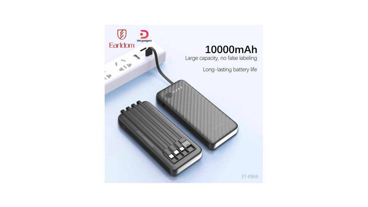 588B1#Earldom®PB69 4-in-1 Universal Power Bank 10000mAh with Built-in 4 Cables - Black