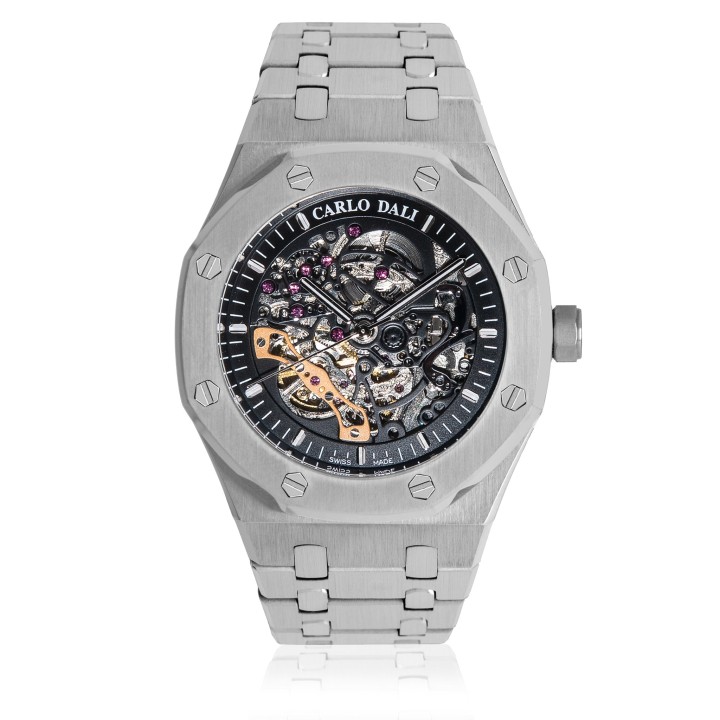 Carlos Dali Tourbillon Skeleton Silver & Black Watch - Ανδρικό Ρολόι