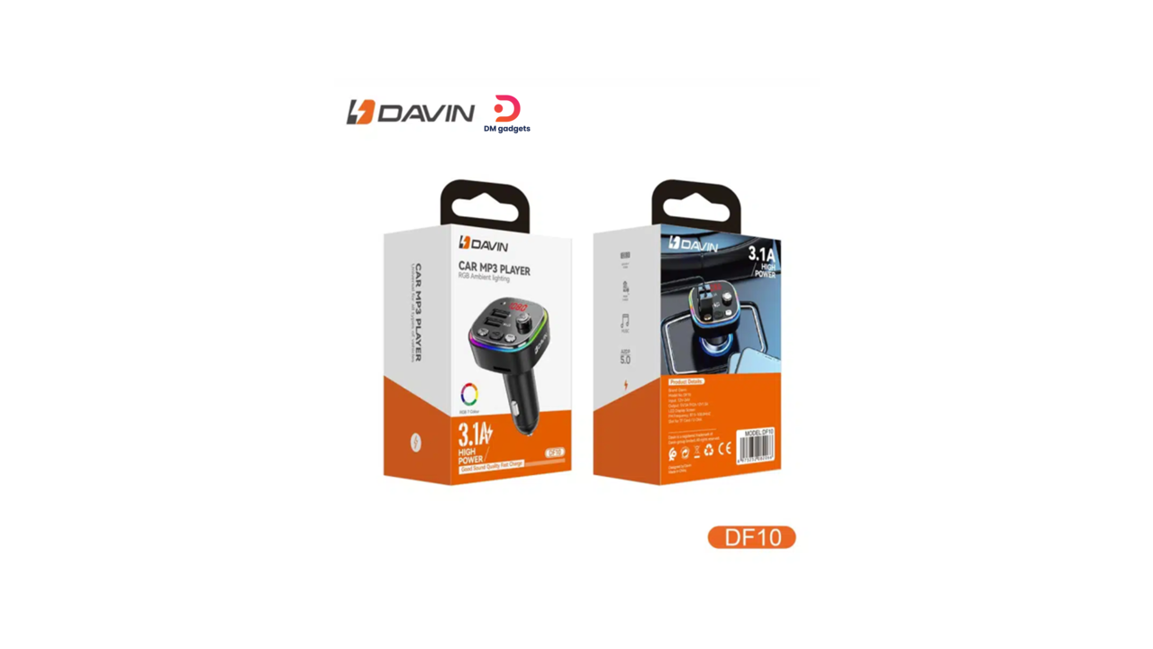 327D1#DAVIN®DF10 RGB FM Transmitter Ambient Lighting 2xUSB + 1 PD USB-C ports 3.1A CAR MP3 Player