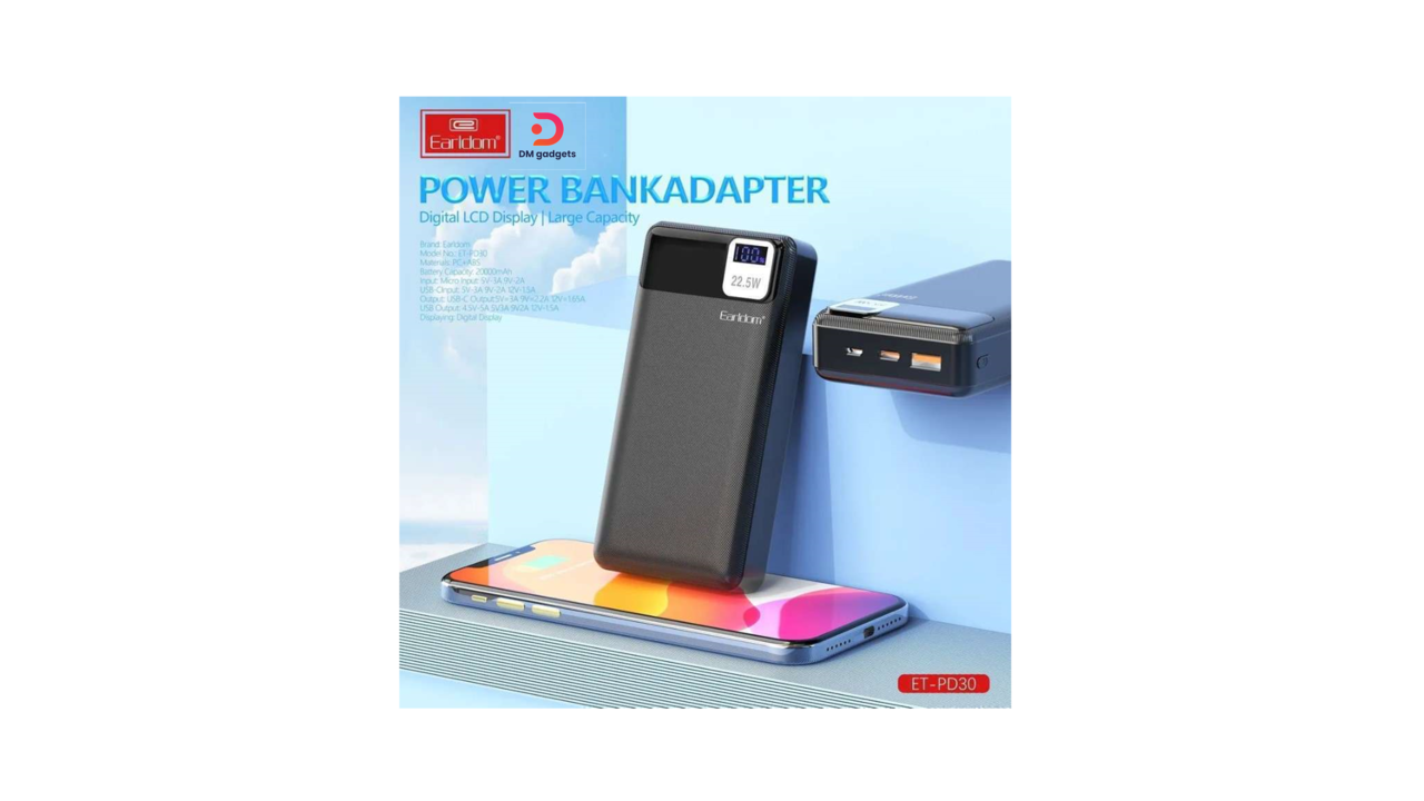 201C##201C#Earldom®ET-PD30 20000 22.5W Power Bank Digital LCD with USB-A + USB-C ports – Black