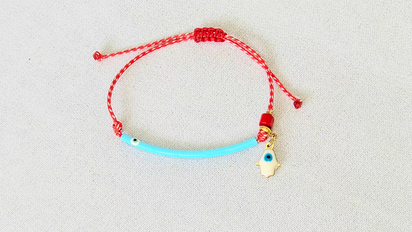 Martaki With Blue Tube With Eye And Hanging Stainless Steel Hamsa.