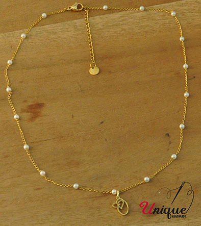 Stainless Steel Alphabet Letter "O" Gold White Pearl Chain