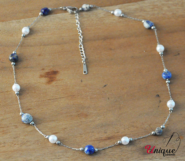 Stainless Steel Silver Blue/White Beads Chain