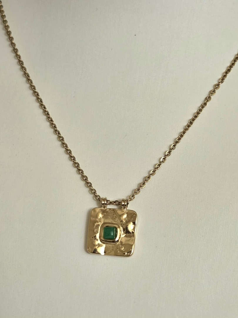 Gold Square Necklace With Green Stone