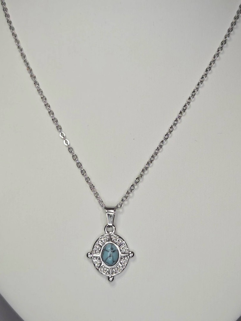 Oval Necklace With Turquoise Semi Precious Stone