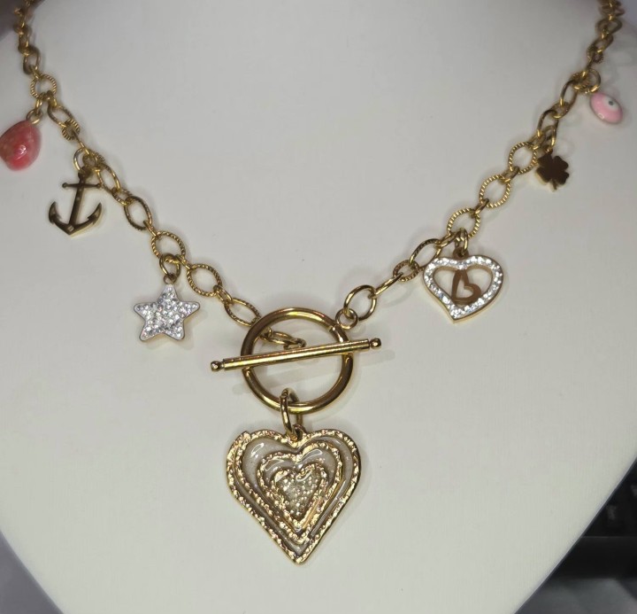 Forged Heart Pendant Necklase With Many Charms Gold Stainless Steel