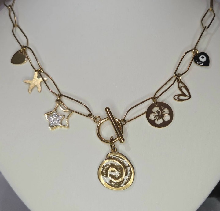 Forged Spiral Pendant Necklase With Many Charms Gold Stainless Steel