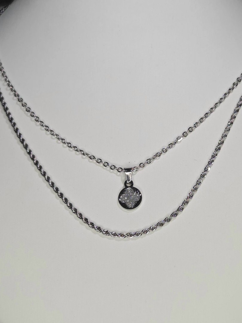 Double Silver Stainless Steel Chain Necklace Round Cross.