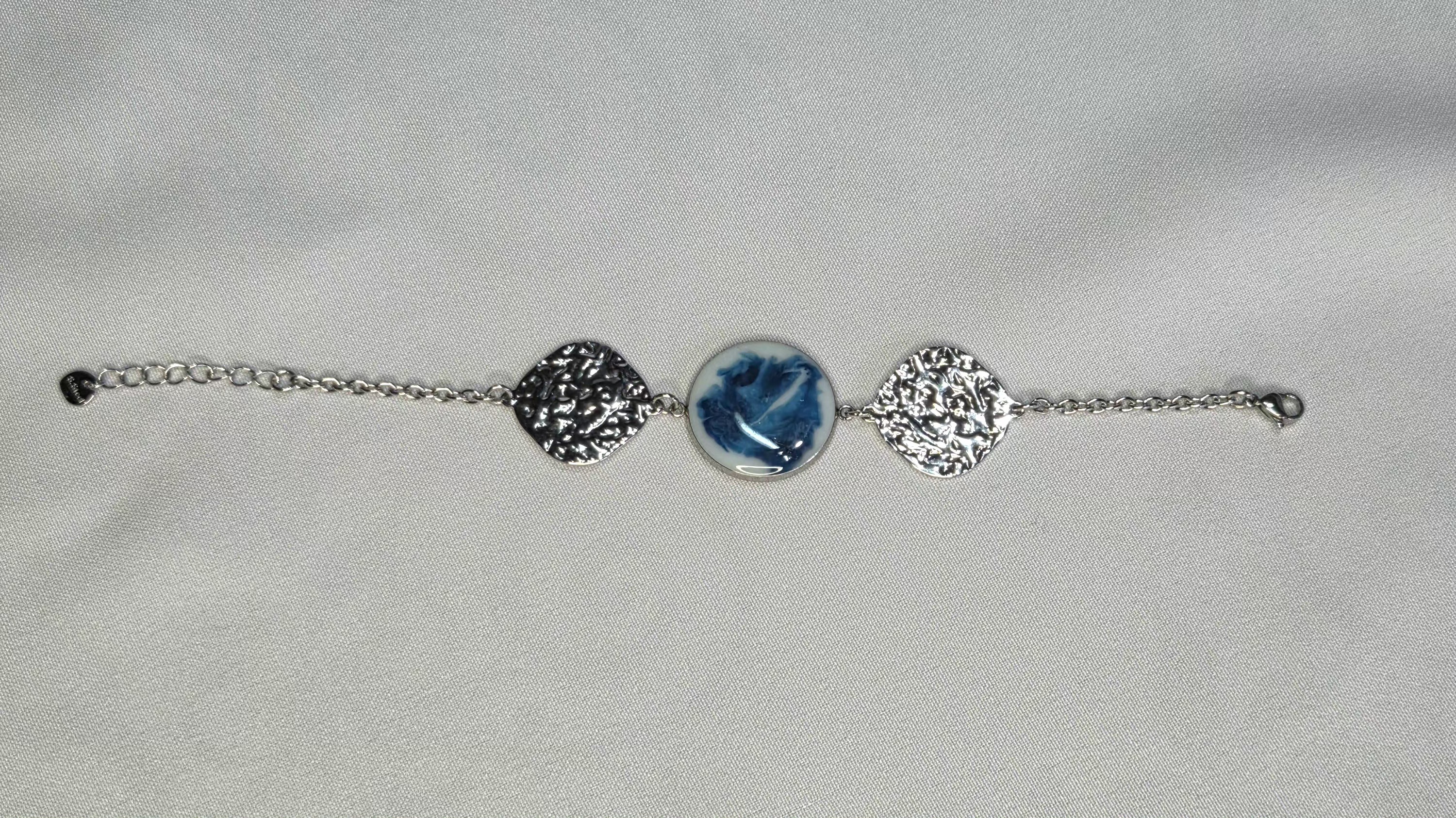 Stainless Steel Silver Round Handmade Bracelet Blue-White 25Mm